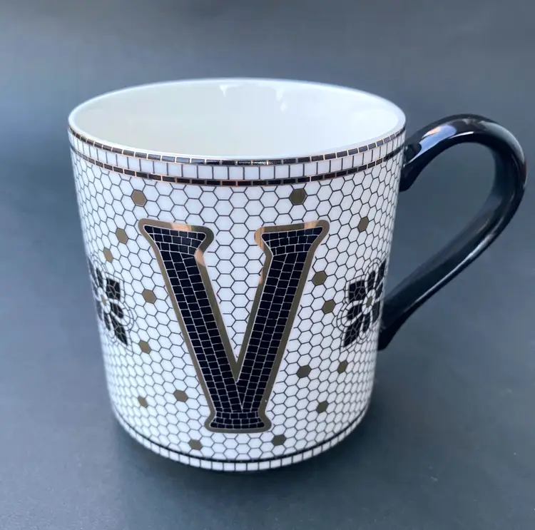 NEW Anthropologie Bistro Tile Stoneware Monogram "V" Coffee Mug