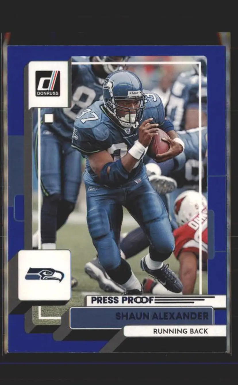 2022 Donruss #37 Shaun Alexander Blue Press Proof - (139) - Seattle Seahawks