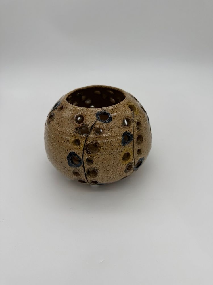 Vintage Studio Art Pottery Round Flower Frog Vase Or Candle Holder Wheel-Thrown