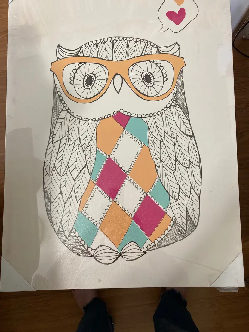 whimsical owl canvas art print featuring intricate zentangle-style line work, vibrant argyle patterns, and oversized glasses