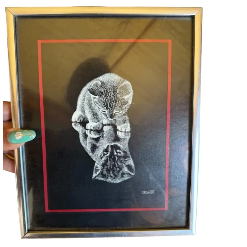 Vintage 1970s Kitten Cat Reflection Rudy Droguett Wall Art Etching Metal Framed Print