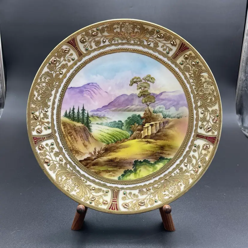 Antique Hand Painted Nippon Porcelain Plate Beaded Gold Moriage Wall Hanging Art