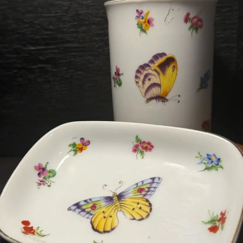 Vintage Butterfly & Botanical Porcelain Bathroom Set | Hand-Painted Gold Gilt Soap Dish and Tumbler | Cottagecore Vanity Decor | Regency Style