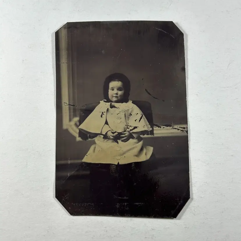 Tintype Young Girl in Coat with Fur Hood Holding Something Paper or Candle