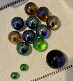 13 Iridescent Glass Marbles w/Jar