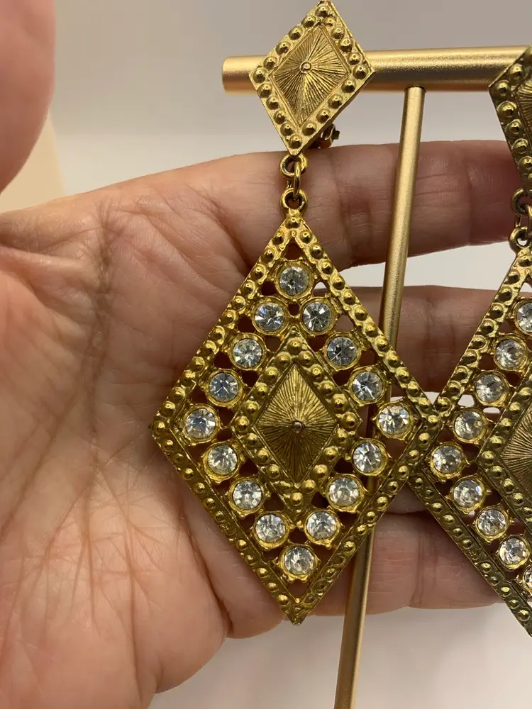 Stunning Gold Tone And Rhinestone Clip Back Earrings