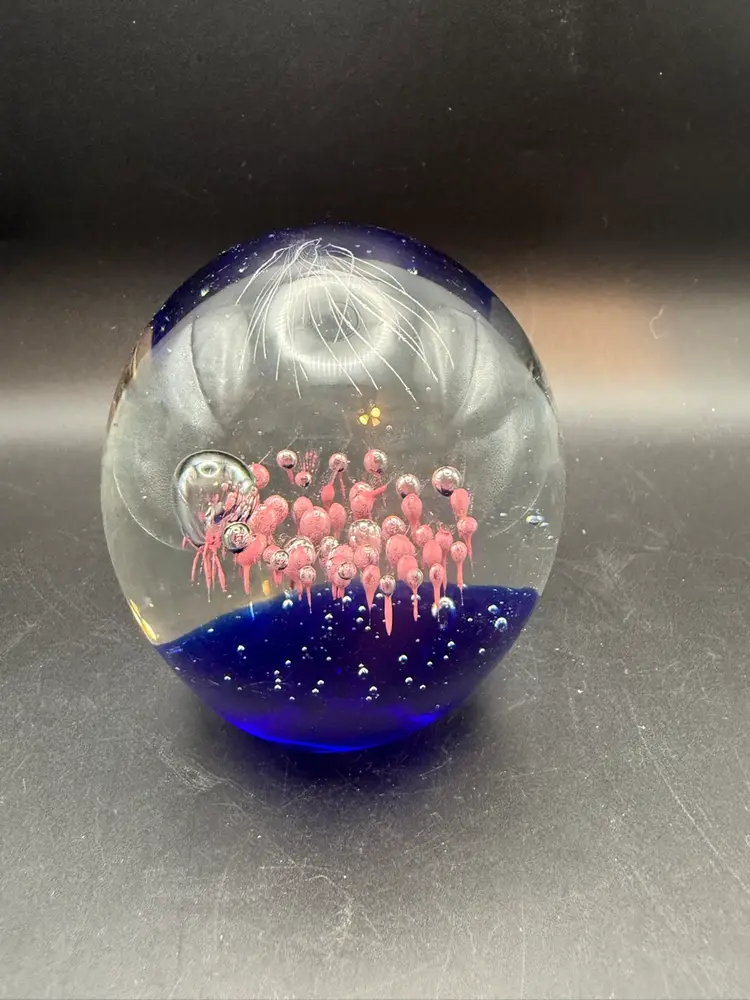 Vintage Art Glass Blue And Pink Paperweight