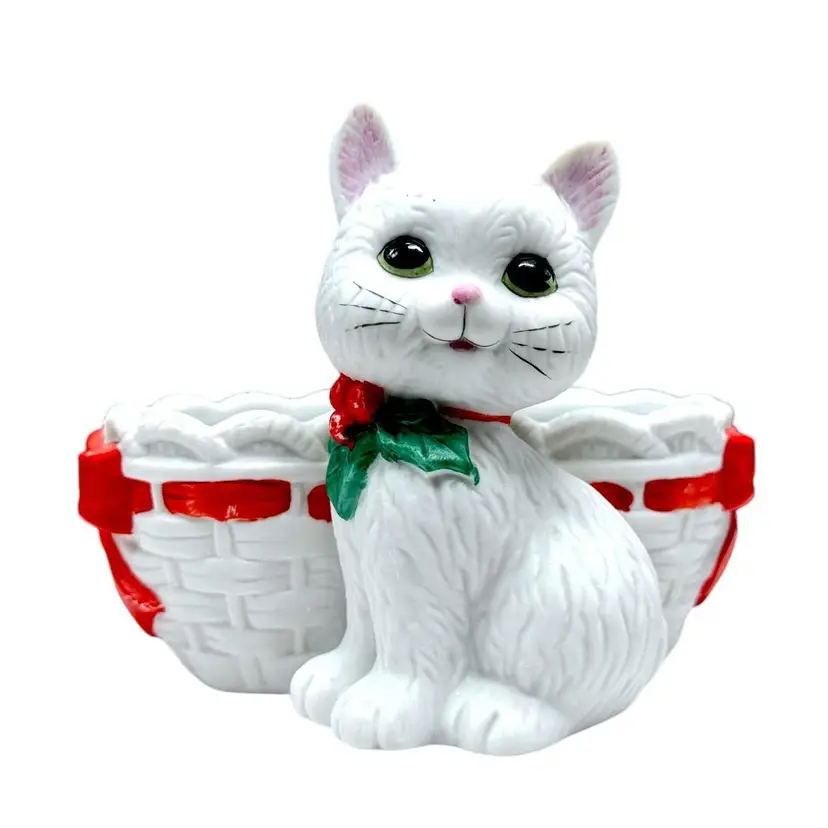 Lefton White Cat Adorn with Berry & Holly Collar Basket Trinket Dish