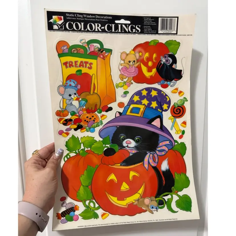 Two Color Cling Vintage Kitsch Adorable Cat & Mouse & Teddy Bears Halloween Window Clings 17x11”