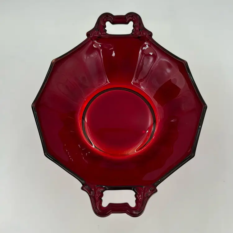 Vintage Depression Glass Martinsville Red Amberina 10 Sided Double Handled Bowl Has Some Glow. No Makers Mark Rare Pice