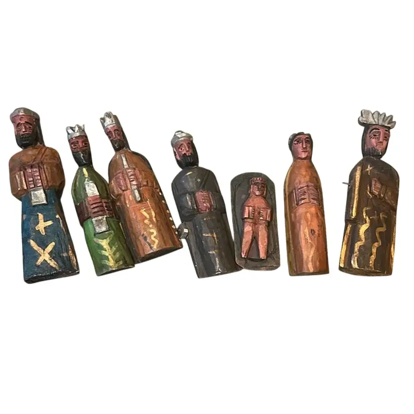 Vintage Guatemalan Nativity Maybe By Diego Tecum Hand Carved Rustic Nativity 7 Piece Folk Art