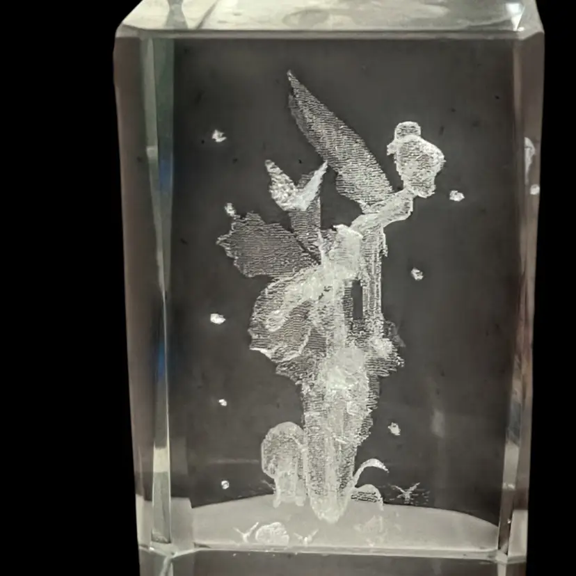 A 3D laser-etched crystal glass paperweight with Tinkerbell, Butterfly 🦋 , Snail, and flowers. Insect, Disney, Flowers 3”