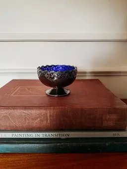 Vintage Celtic Quality Plate Silver Pedestal Bowl with cobalt blue glass