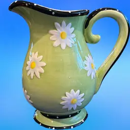 White Daisy & Lime Green Ceramic Pitcher