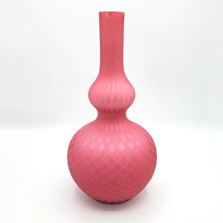 #010 - Antique Victorian Glass Vase, Cranberry Pink Quilted Diamond Pattern Satin Glass, Encased, AS IS
