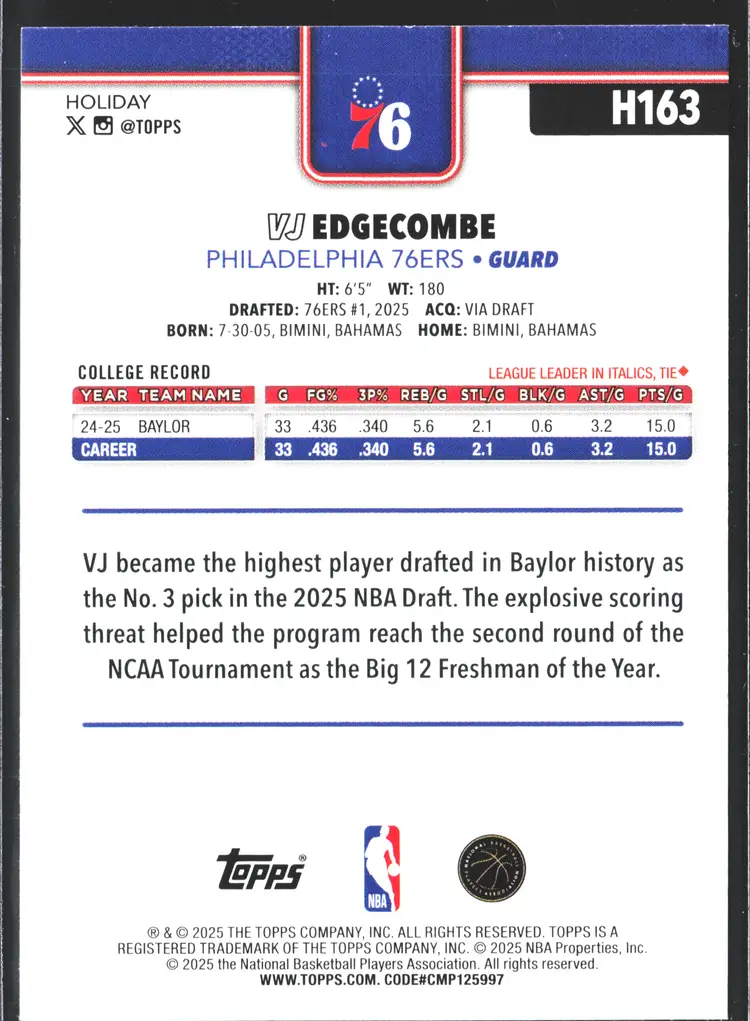 VJ Edgecombe Topps HOLIDAY 2025 RC Rookie Card Philadelphia 76ers Basketball Card