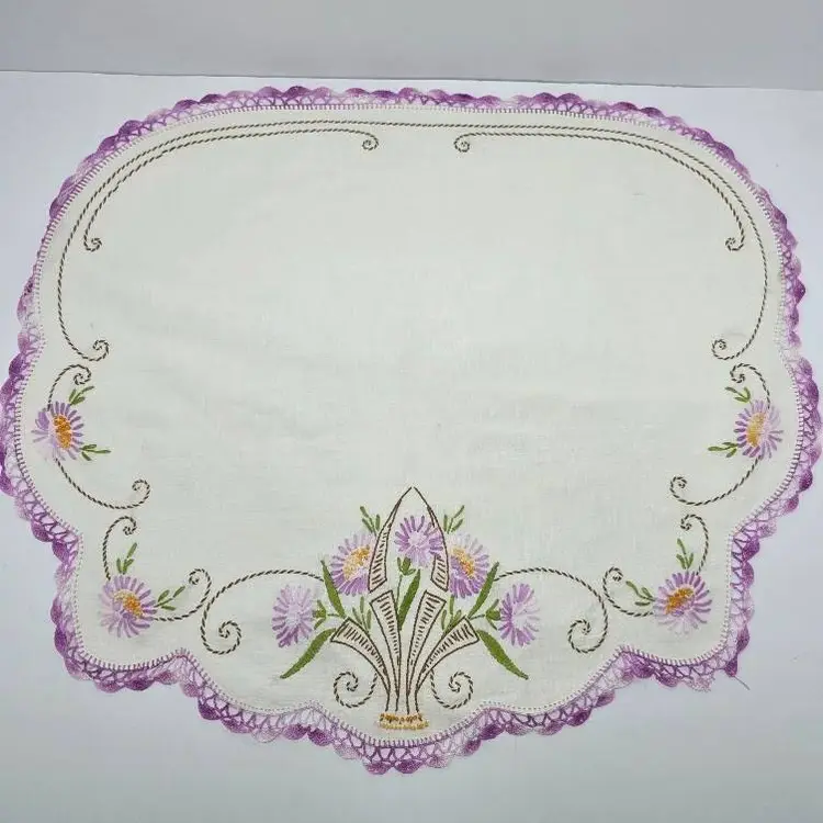 Vintage Embroidered Floral Linen Doilies Set