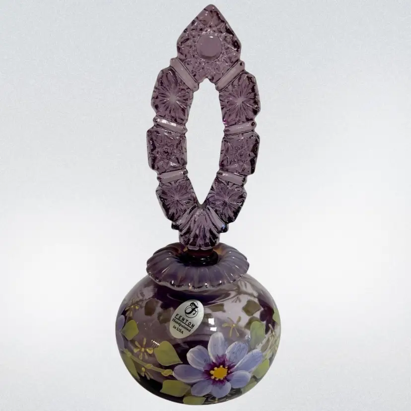 Amethyst Fenton Perfume Bottle W/ Amazing Stopper- Hand Painted- Signed By - Trisha Twyman- Original Sticker-  7” Tall.
