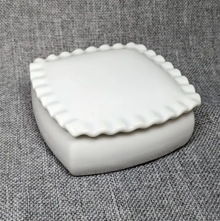 Freddi Trinket Box Vintage White Porcelain Square Ruffle Lid Jewelry Japan