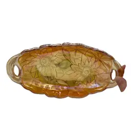 Vintage Indiana Glass Lily Pons Amber Carnival Pickle/Relish Dish, Open Handle 9.5"