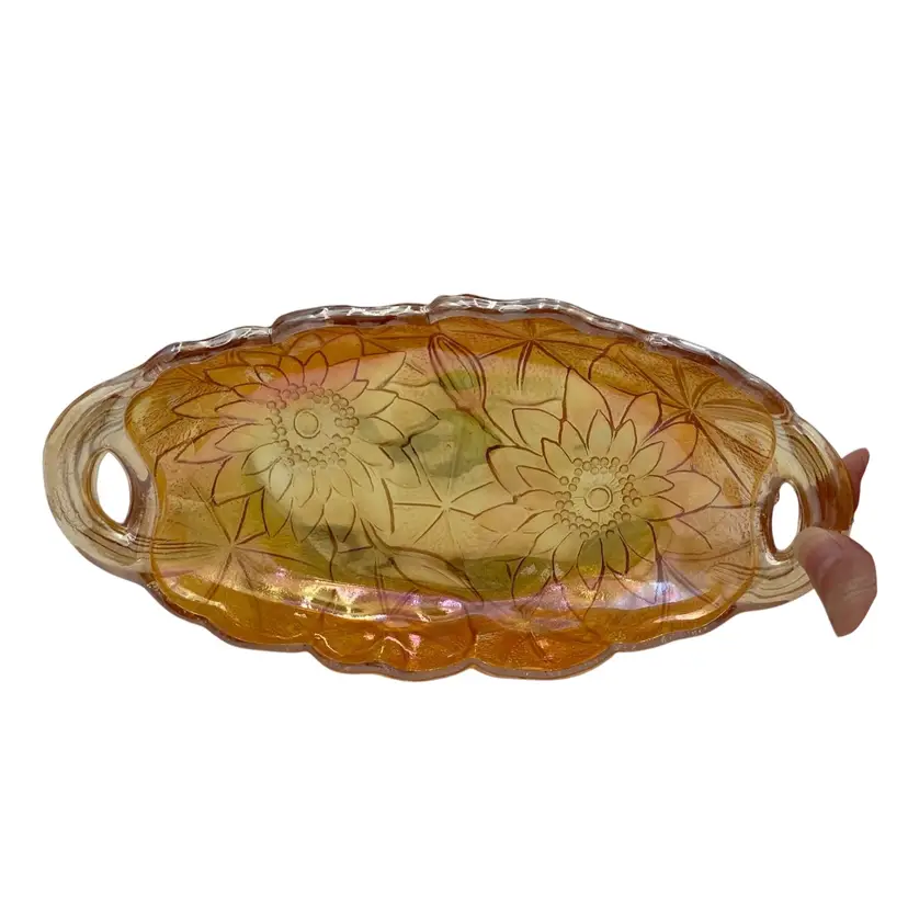 Vtg. Indiana Glass Lily Pons Amber Carnival Pickle/Relish Dish, Open Handle 9.5"