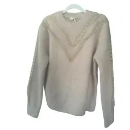 WOMEN'S CREAM V-NECK SWEATER WITH LACE PATTERN SIZE M