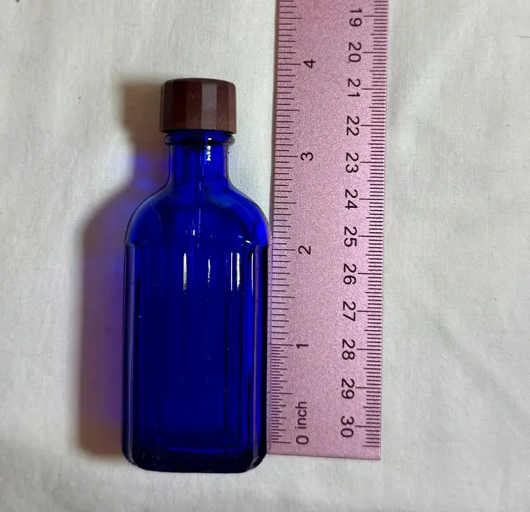 Vintage Ribbed Cobalt Blue Medicine Bottle With Lid And Glass Applicator