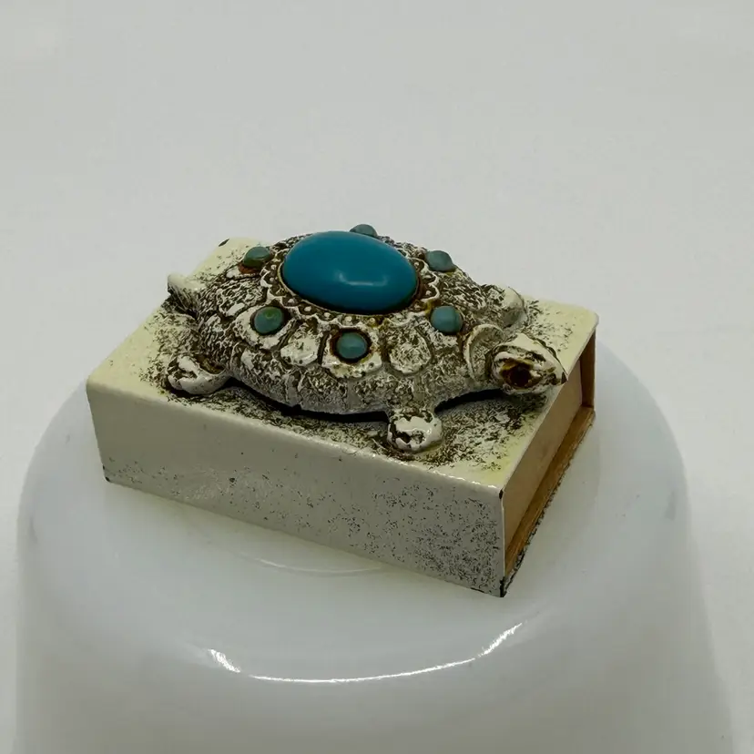 Vintage Florenza Turtle Trinket Match Box Holder Faux Turquoise Jewel Rhinestone Eye