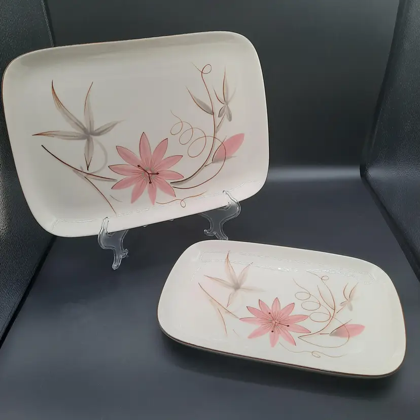 Vintage MCM Winfield Porcelain USA Pink Passion Flower Serving Trays Platters