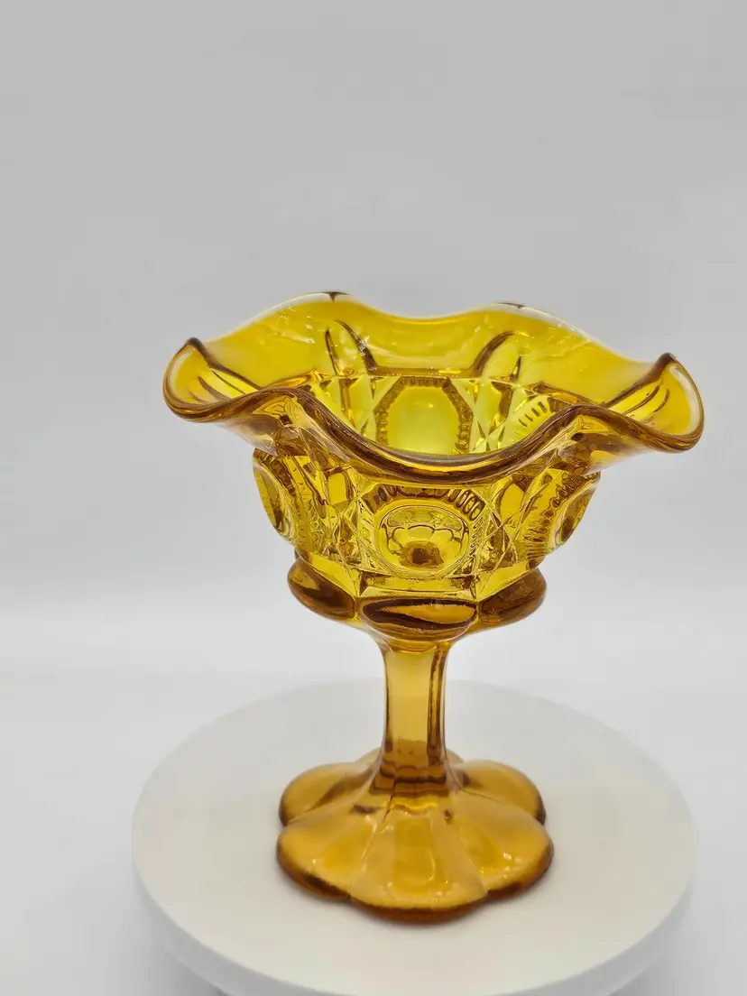 Amber Glass Pedestal Compote Dish Ruffled Edge Cadmium Glow