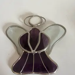 Vintage Purple Stained Glass Angel Ornament Sun Catcher Silvertone Metal Trim 4”x4”