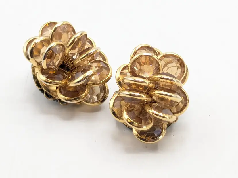 Vintage Gold Tone Bezel Set Crystal Clip On Earrings