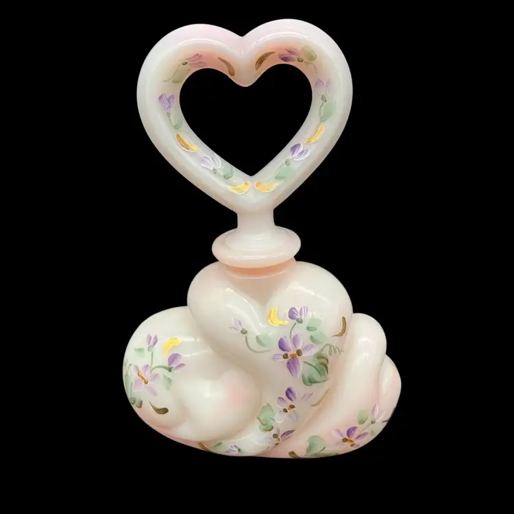 BIN - Fenton Pink Rosaline Hand Painted Art Glass Perfume Bottle With Heart Stopper 4.5”