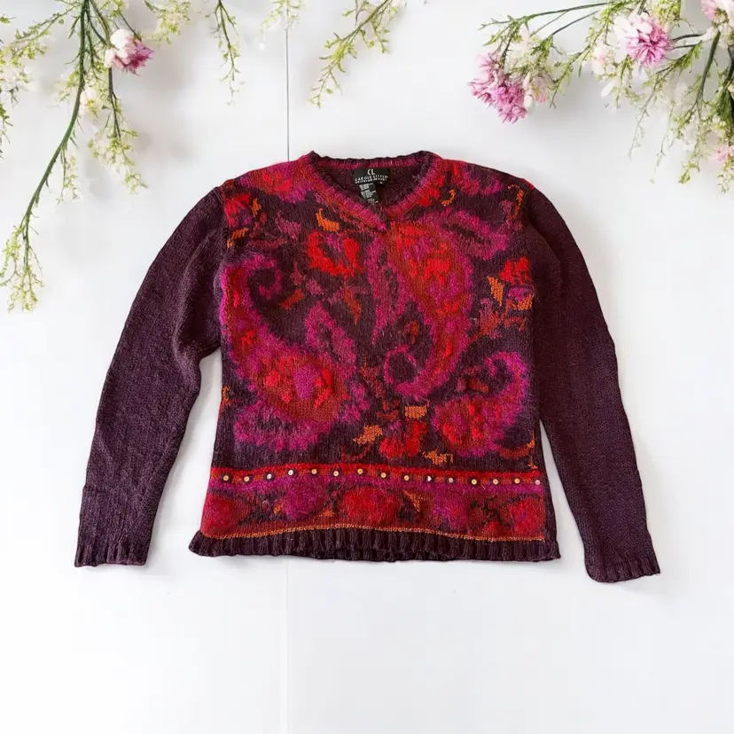 1990s Carole Little Knitwear Petites Pullover Sweater. Textured Yarn. Ramie Cotton Mohair Blend. Jewel Tones, Red, Maroon, Purple, Pink