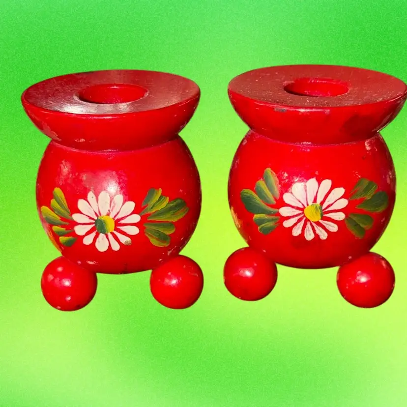 VINTAGE SWEDISH CANDLE WOOD  HOLDERS HANDPAINTED