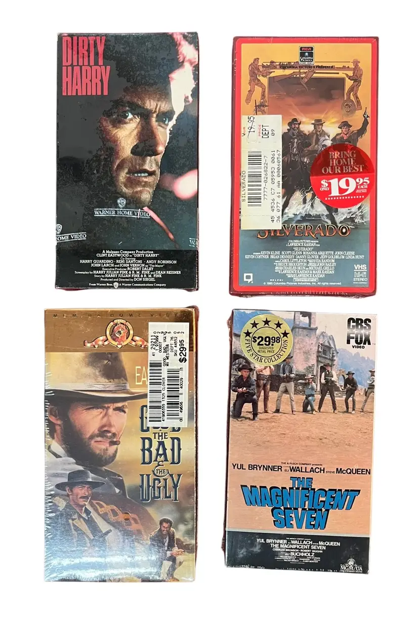 4 Vintage Sealed Western VHS Cassettes - Magnificent 7, Silverado, Good Bad The Ugly, & Dirty Harry
