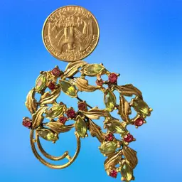 Silver Tone Floral Brooch With Green Marquise And Circle Red Rhinestones