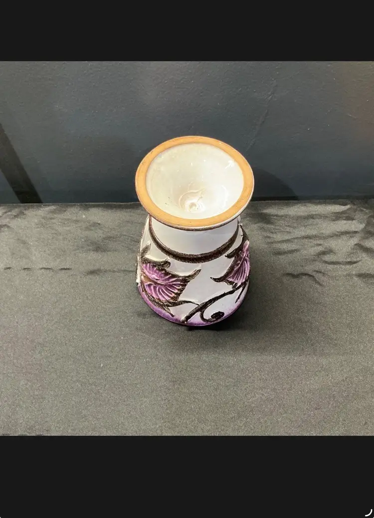 Vintage Purple Ceramic Pedestal Vase Goblet with Raised Leaf Design