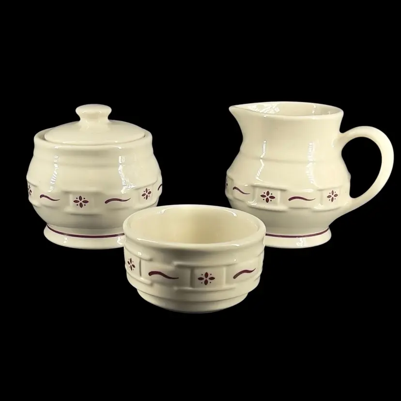 Vintage Cream Sugar Condiment Set Longaberger Pottery 4pc Ivory Woven Traditions Burgundy Flower & Embossed Basketweave Pattern USA