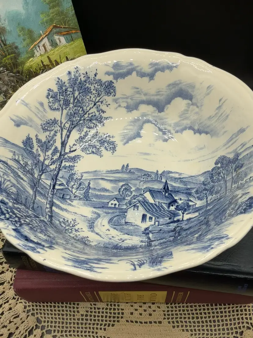 🐞Vtg Alfred Meakin Reverie Blue White Transferware Serving Bowl England 8 1/4x 3/4”