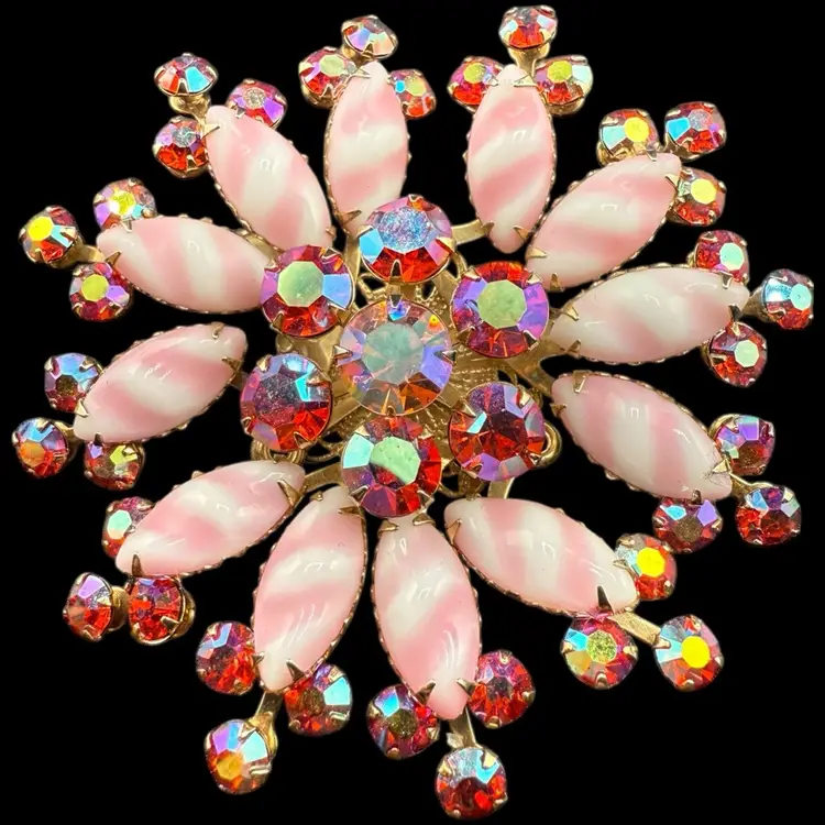 Pink & White Milk Glass an Rhinestone Brooch 2.75”