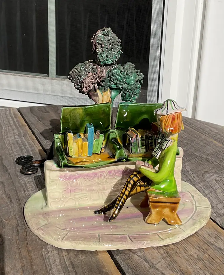 Vintage Signed Lucien Neuquelman Made France Art Pottery Sculpture Lady & Books