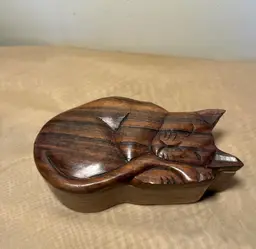 Vintage Primitive Hand Carved Wood Sleeping Cat Trinket Box