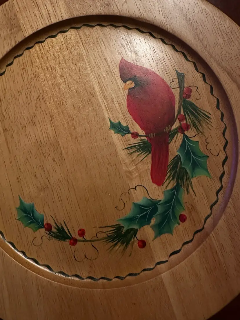 Beautiful Cardinal  With Holly On Solid Oak Furio Plate.