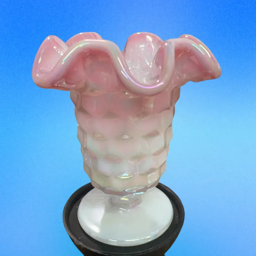 Fenton opalescent hobnail ruffled vase in pink and white. 4” Signed… George Fenton On Bottom!