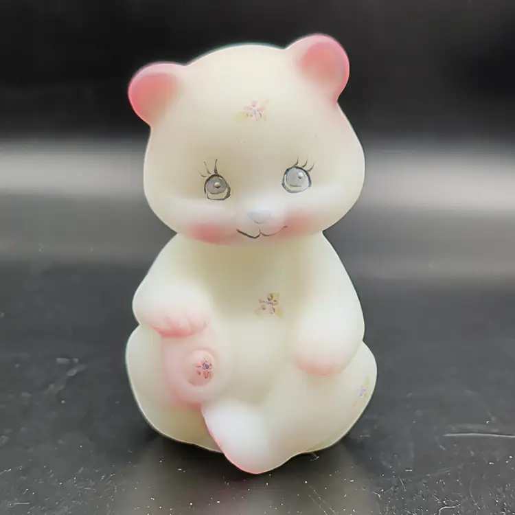 Vtg Fenton White Satin Art Glass Bear Cub w/ Hand Painted Pink Flowers Signed