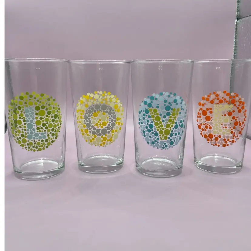 4 Piece Glass Set- L O V E Tumblers, 
4 3/4” Tall