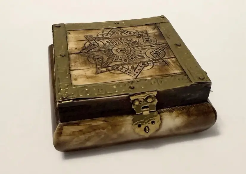 Vintage Trinket Or Jewelry Box ~ Burnt Floral Design On Antler & Brass Handmade