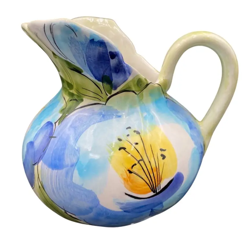 Vintage Hand-Made Beautiful Multicolor Floral Ceramic Pitcher, Made in Italy, MINT