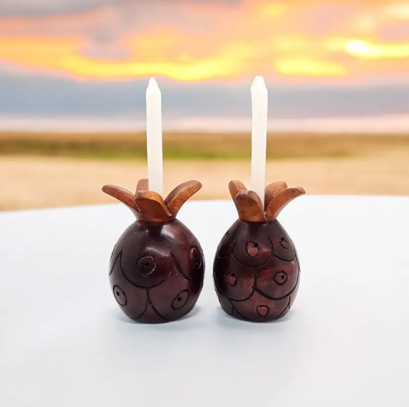 Pair Vintage Solid Wood Handcarved Pineapple Candle Tapas Holders Tiki Tropical